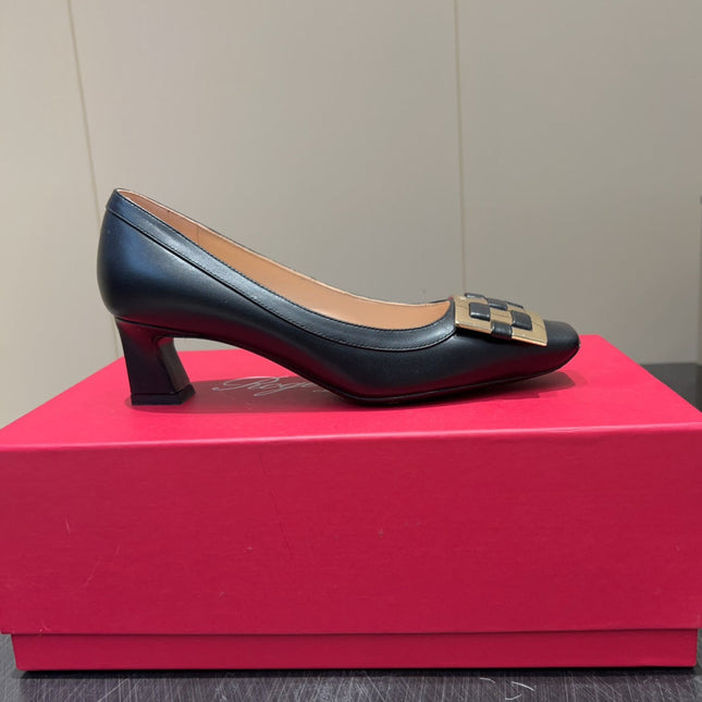 ROGER VIVIER 25S TROMPETTE SQUARE TOE HIGH HEELS 45MM IN BLACK SHINY CALFSKIN