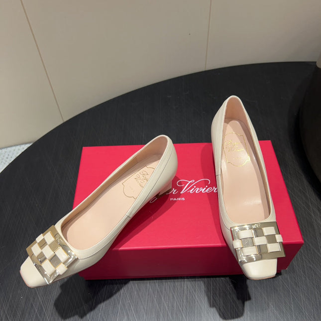 ROGER VIVIER 25S TROMPETTE SQUARE TOE HIGH HEELS 45MM IN IVORY SHINY CALFSKIN