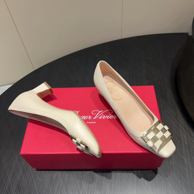 ROGER VIVIER 25S TROMPETTE SQUARE TOE HIGH HEELS 45MM IN IVORY SHINY CALFSKIN
