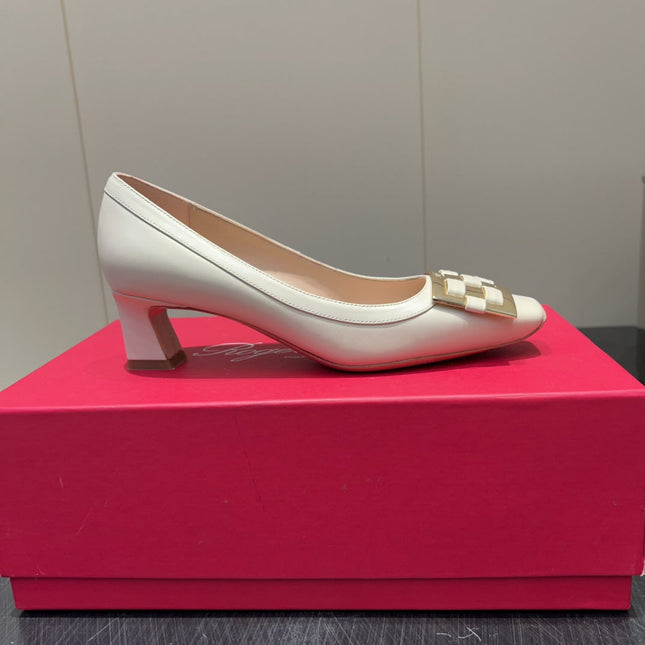 ROGER VIVIER 25S TROMPETTE SQUARE TOE HIGH HEELS 45MM IN IVORY SHINY CALFSKIN
