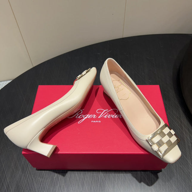 ROGER VIVIER 25S TROMPETTE SQUARE TOE HIGH HEELS 45MM IN IVORY SHINY CALFSKIN