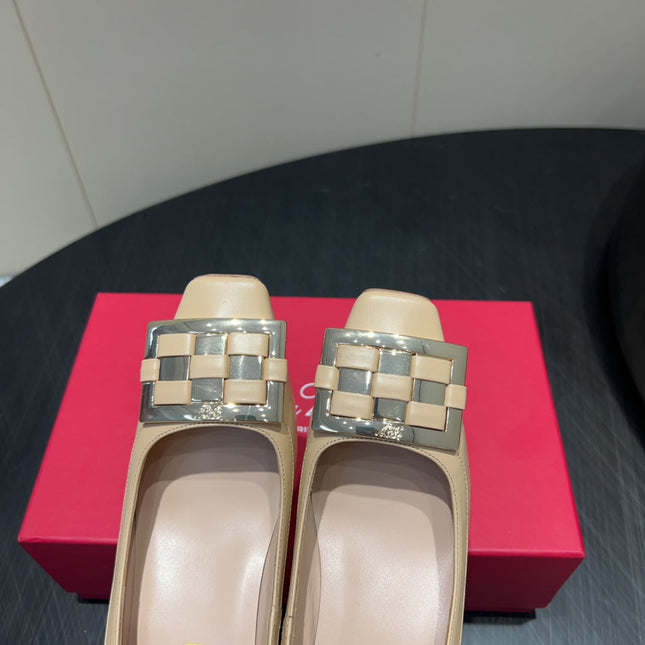 ROGER VIVIER 25S TROMPETTE SQUARE TOE HIGH HEELS 45MM IN NUDE SHINY CALFSKIN