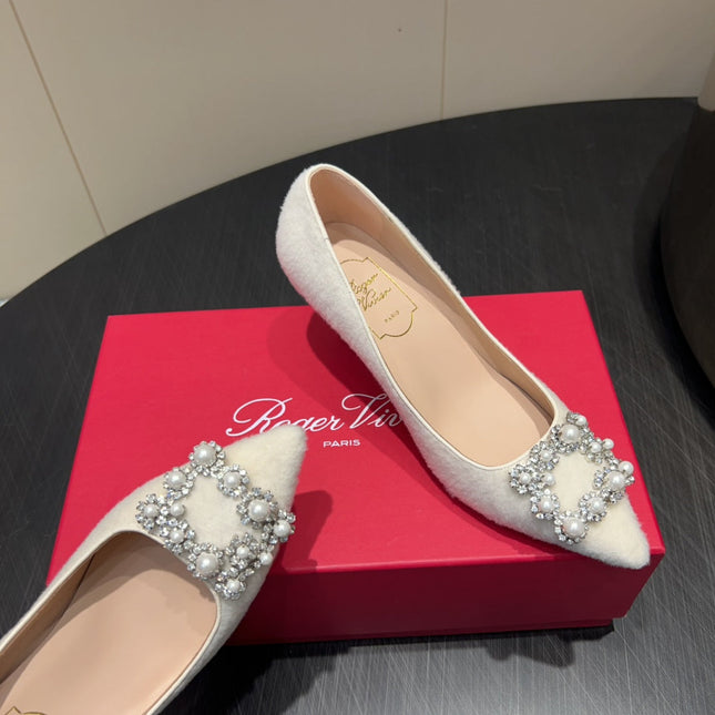 ROGER VIVIER 25S POINTED TOE HIGH HEELS 70MM IN WHITE VELVET EMBELLISHED CRYSTALS