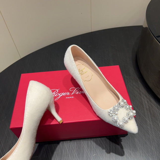 ROGER VIVIER 25S POINTED TOE HIGH HEELS 70MM IN WHITE VELVET EMBELLISHED CRYSTALS
