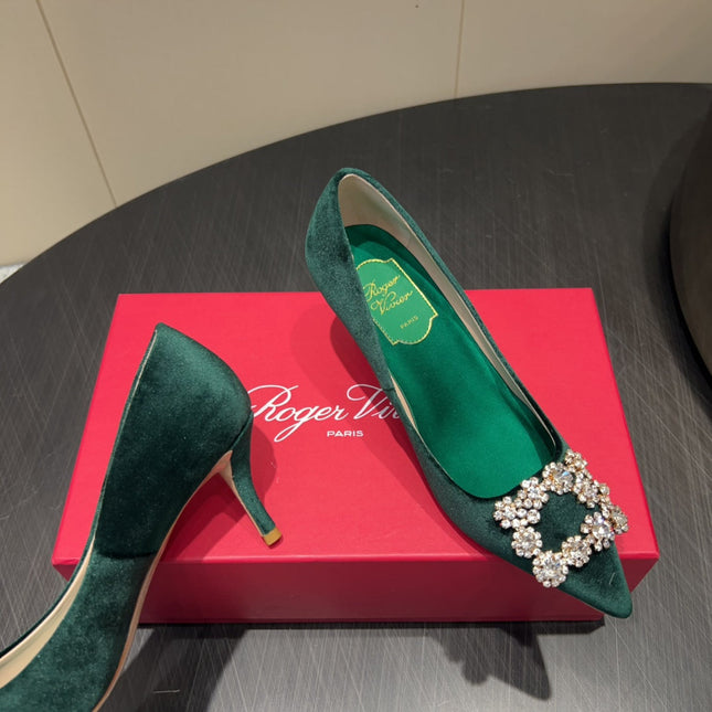 ROGER VIVIER 25S POINTED TOE HIGH HEELS 70MM IN TEAL GREEN VELVET EMBELLISHED CRYSTALS