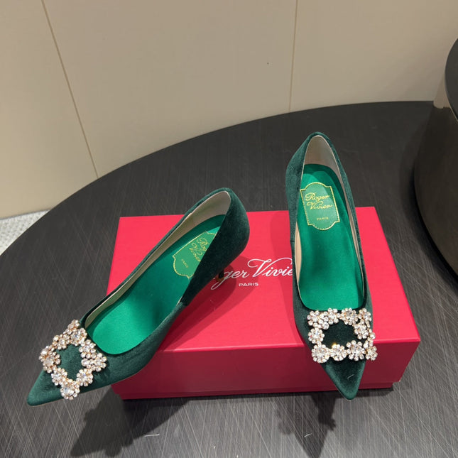 ROGER VIVIER 25S POINTED TOE HIGH HEELS 70MM IN TEAL GREEN VELVET EMBELLISHED CRYSTALS