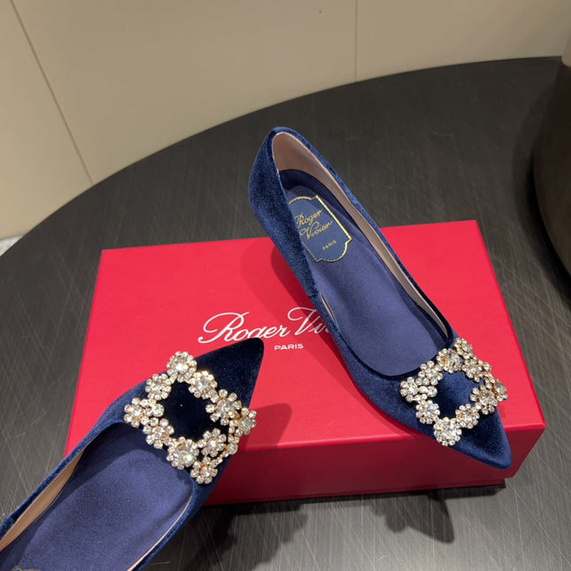 ROGER VIVIER 25S POINTED TOE HIGH HEELS 70MM IN DARK BLUE VELVET EMBELLISHED CRYSTALS