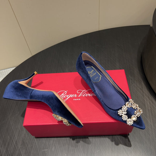 ROGER VIVIER 25S POINTED TOE HIGH HEELS 70MM IN DARK BLUE VELVET EMBELLISHED CRYSTALS