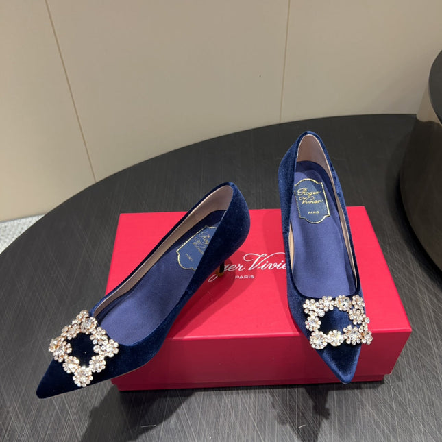 ROGER VIVIER 25S POINTED TOE HIGH HEELS 70MM IN DARK BLUE VELVET EMBELLISHED CRYSTALS