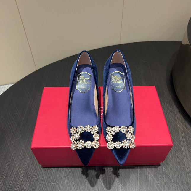 ROGER VIVIER 25S POINTED TOE HIGH HEELS 70MM IN DARK BLUE VELVET EMBELLISHED CRYSTALS
