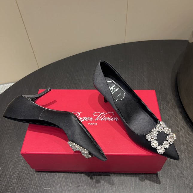 ROGER VIVIER 25S POINTED TOE HIGH HEELS 70MM IN BLACK SILK EMBELLISHED CRYSTALS