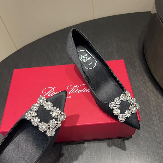 ROGER VIVIER 25S POINTED TOE HIGH HEELS 70MM IN BLACK SILK EMBELLISHED CRYSTALS