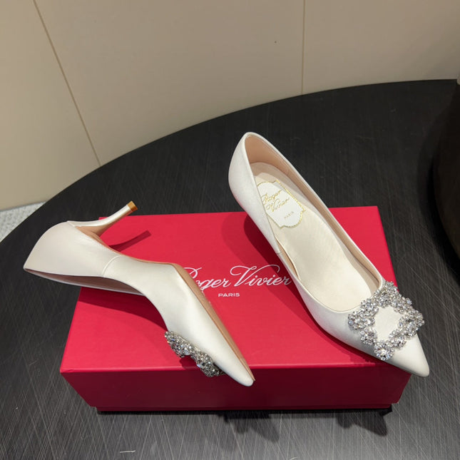 ROGER VIVIER 25S POINTED TOE HIGH HEELS 70MM IN IVORY SILK EMBELLISHED CRYSTALS
