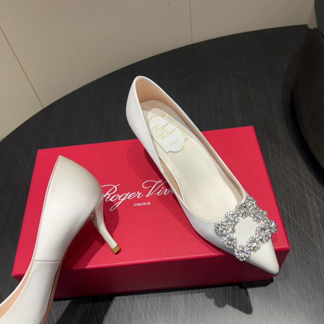 ROGER VIVIER 25S POINTED TOE HIGH HEELS 70MM IN IVORY SILK EMBELLISHED CRYSTALS