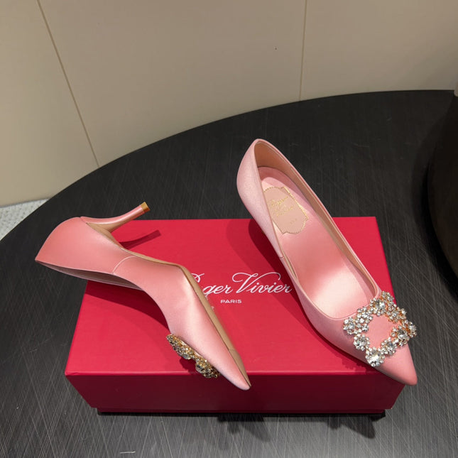 ROGER VIVIER 25S POINTED TOE HIGH HEELS 70MM IN BABY PINK SILK EMBELLISHED CRYSTALS