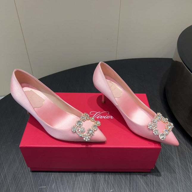 ROGER VIVIER 25S POINTED TOE HIGH HEELS 70MM IN BABY PINK SILK EMBELLISHED CRYSTALS
