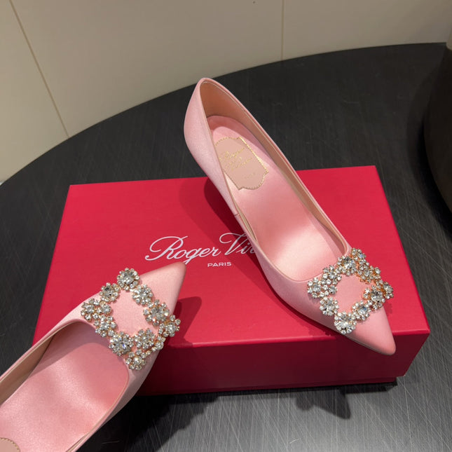 ROGER VIVIER 25S POINTED TOE HIGH HEELS 70MM IN BABY PINK SILK EMBELLISHED CRYSTALS