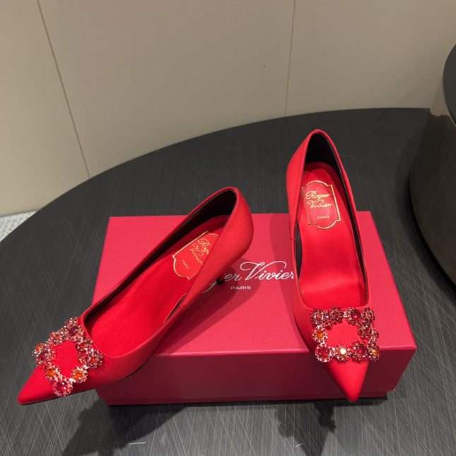 ROGER VIVIER 25S POINTED TOE HIGH HEELS 70MM IN BRIGHT RED SILK EMBELLISHED CRYSTALS