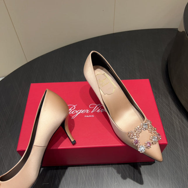 ROGER VIVIER 25S POINTED TOE HIGH HEELS 70MM IN DARK NUDE SILK EMBELLISHED CRYSTALS
