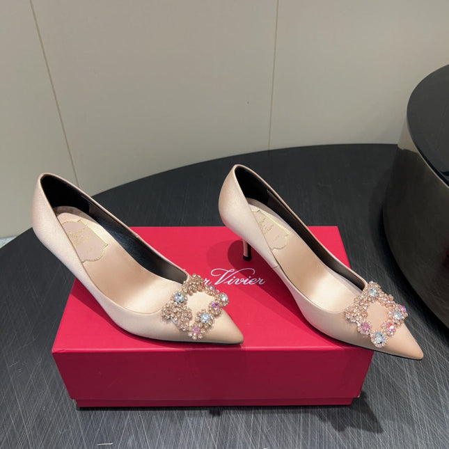 ROGER VIVIER 25S POINTED TOE HIGH HEELS 70MM IN DARK NUDE SILK EMBELLISHED CRYSTALS