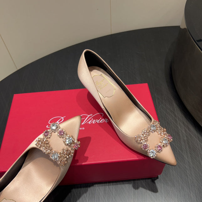 ROGER VIVIER 25S POINTED TOE HIGH HEELS 70MM IN DARK NUDE SILK EMBELLISHED CRYSTALS