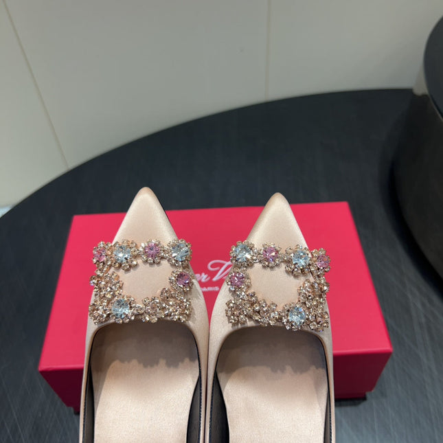 ROGER VIVIER 25S POINTED TOE HIGH HEELS 70MM IN DARK NUDE SILK EMBELLISHED CRYSTALS