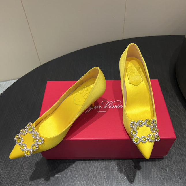 ROGER VIVIER 25S POINTED TOE HIGH HEELS 70MM IN BRIGHT YELLOW SILK EMBELLISHED CRYSTALS