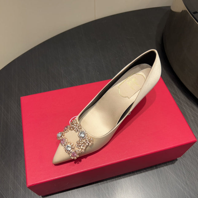 ROGER VIVIER 25S POINTED TOE HIGH HEELS 70MM IN NUDE SILK EMBELLISHED CRYSTALS