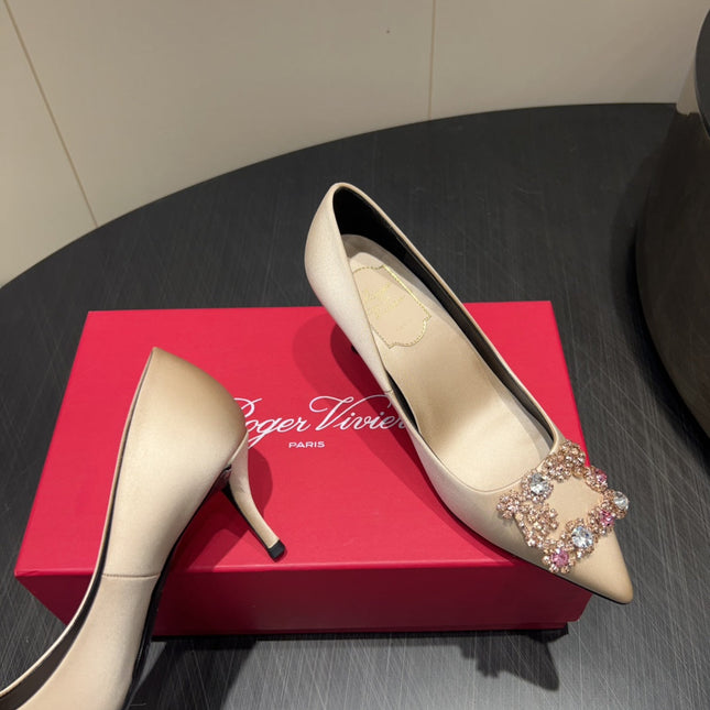 ROGER VIVIER 25S POINTED TOE HIGH HEELS 70MM IN NUDE SILK EMBELLISHED CRYSTALS