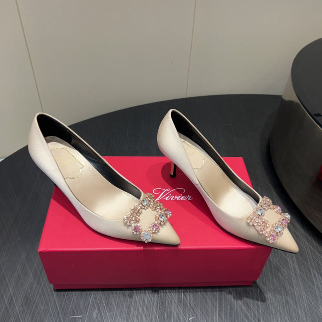 ROGER VIVIER 25S POINTED TOE HIGH HEELS 70MM IN NUDE SILK EMBELLISHED CRYSTALS