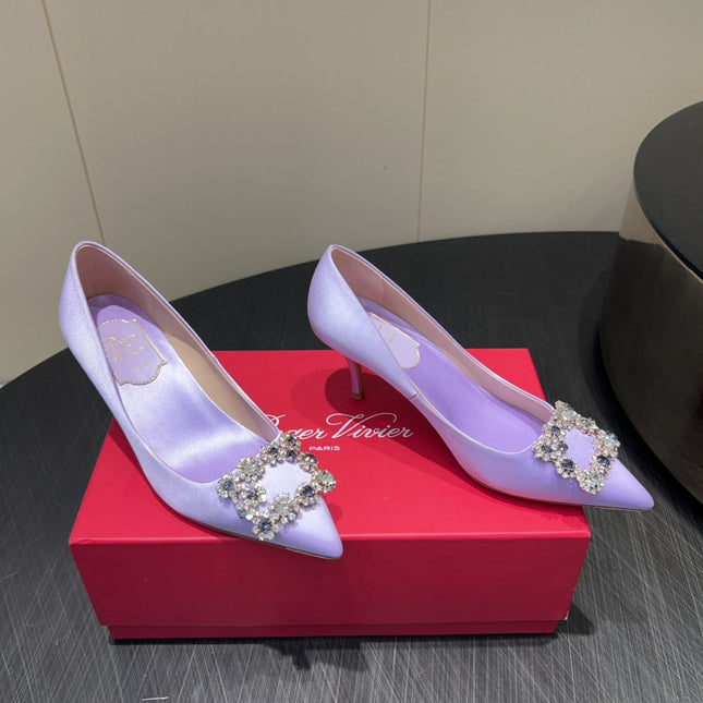 ROGER VIVIER 25S POINTED TOE HIGH HEELS 70MM IN LAVENDER SILK EMBELLISHED CRYSTALS