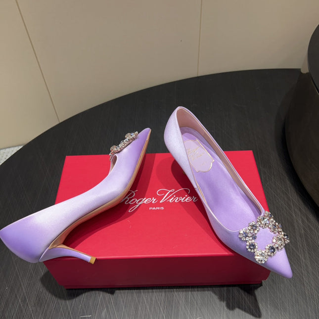 ROGER VIVIER 25S POINTED TOE HIGH HEELS 70MM IN LAVENDER SILK EMBELLISHED CRYSTALS