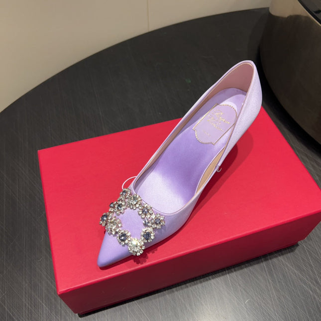 ROGER VIVIER 25S POINTED TOE HIGH HEELS 70MM IN LAVENDER SILK EMBELLISHED CRYSTALS