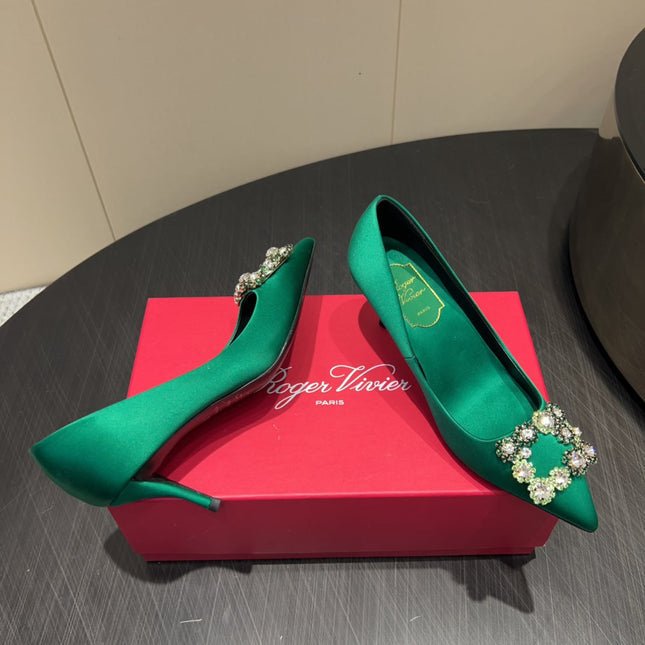ROGER VIVIER 25S POINTED TOE HIGH HEELS 70MM IN TEAL GREEN SILK EMBELLISHED CRYSTALS