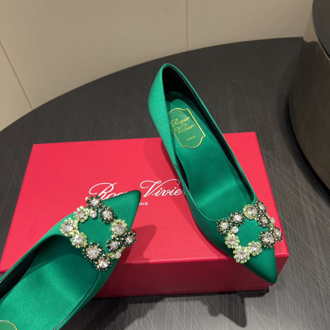 ROGER VIVIER 25S POINTED TOE HIGH HEELS 70MM IN TEAL GREEN SILK EMBELLISHED CRYSTALS