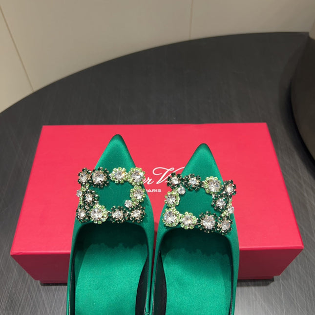 ROGER VIVIER 25S POINTED TOE HIGH HEELS 70MM IN TEAL GREEN SILK EMBELLISHED CRYSTALS