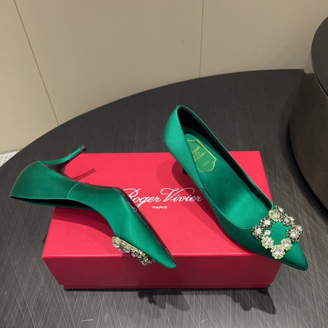 ROGER VIVIER 25S POINTED TOE HIGH HEELS 70MM IN TEAL GREEN SILK EMBELLISHED CRYSTALS