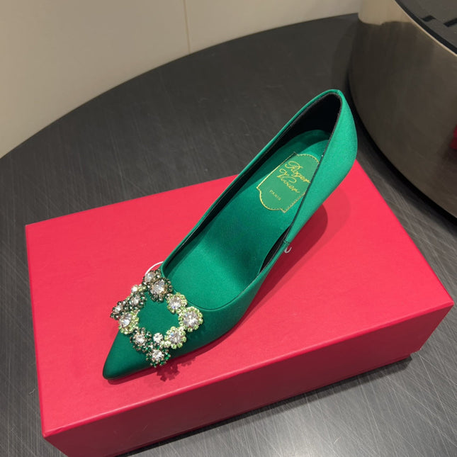 ROGER VIVIER 25S POINTED TOE HIGH HEELS 70MM IN TEAL GREEN SILK EMBELLISHED CRYSTALS