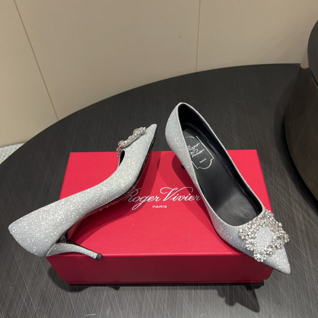 ROGER VIVIER 25S POINTED TOE HIGH HEELS 70MM IN BLING SILVER EMBELLISHED CRYSTALS