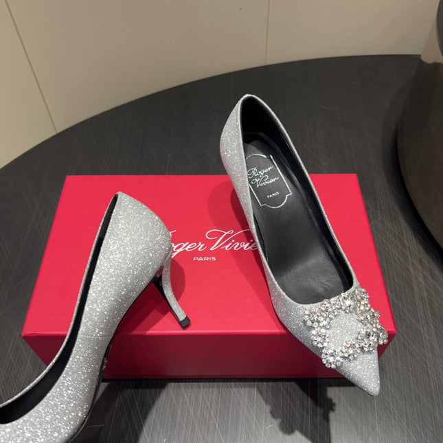 ROGER VIVIER 25S POINTED TOE HIGH HEELS 70MM IN BLING SILVER EMBELLISHED CRYSTALS