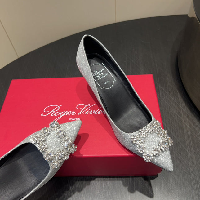 ROGER VIVIER 25S POINTED TOE HIGH HEELS 70MM IN BLING SILVER EMBELLISHED CRYSTALS