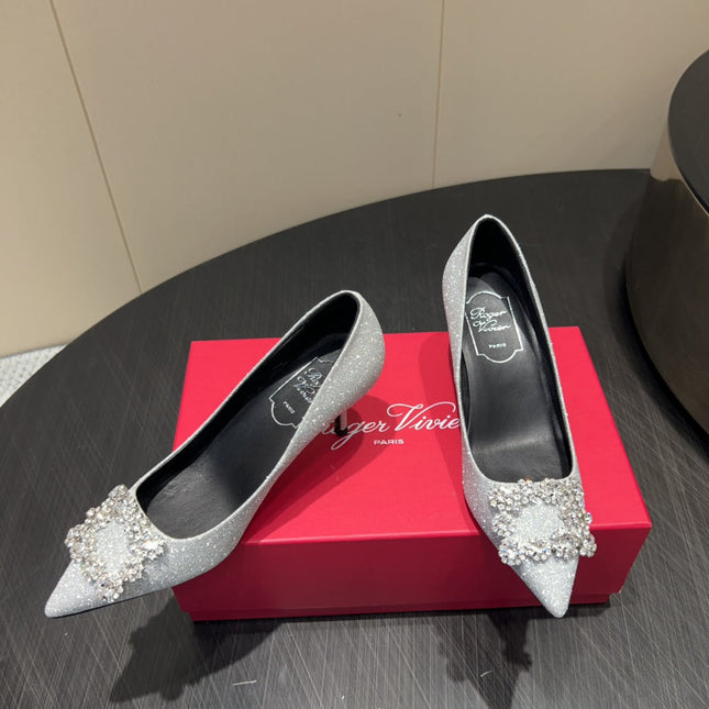 ROGER VIVIER 25S POINTED TOE HIGH HEELS 70MM IN BLING SILVER EMBELLISHED CRYSTALS