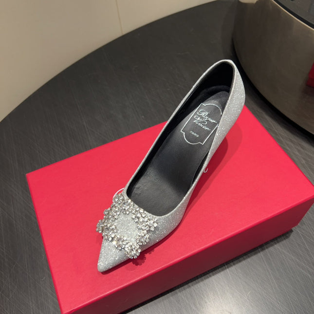 ROGER VIVIER 25S POINTED TOE HIGH HEELS 70MM IN BLING SILVER EMBELLISHED CRYSTALS
