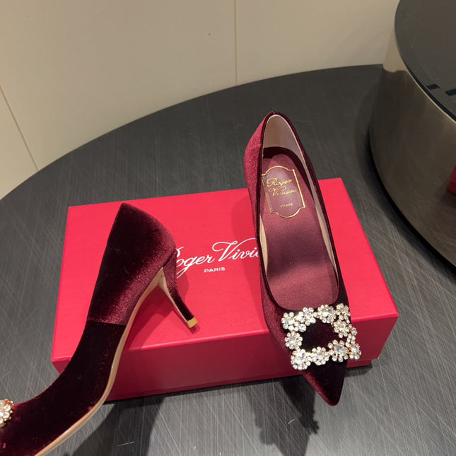 ROGER VIVIER 25S POINTED TOE HIGH HEELS 70MM IN WINE RED VELVET EMBELLISHED CRYSTALS