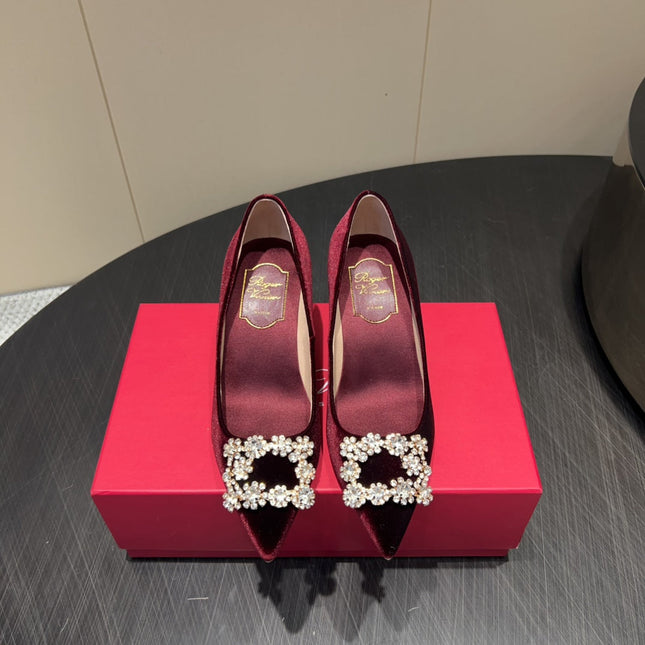 ROGER VIVIER 25S POINTED TOE HIGH HEELS 70MM IN WINE RED VELVET EMBELLISHED CRYSTALS