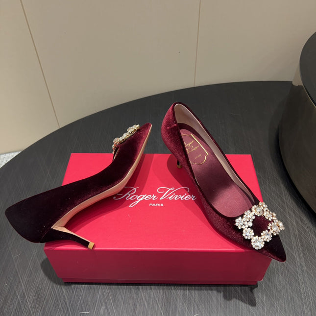 ROGER VIVIER 25S POINTED TOE HIGH HEELS 70MM IN WINE RED VELVET EMBELLISHED CRYSTALS