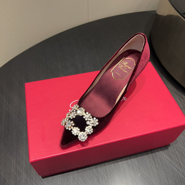 ROGER VIVIER 25S POINTED TOE HIGH HEELS 70MM IN WINE RED VELVET EMBELLISHED CRYSTALS
