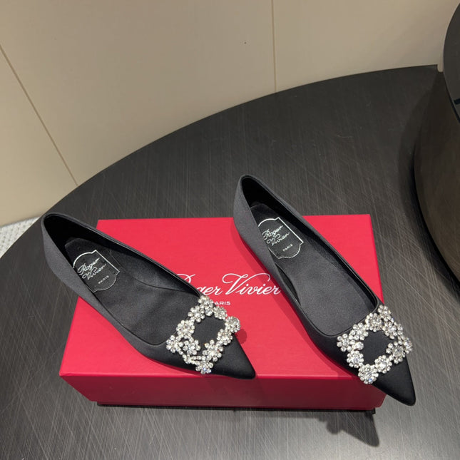 ROGER VIVIER 25S GRETE BALLET FLATS IN BLACK SILK WITH EMBELLISHED CRYSTALS