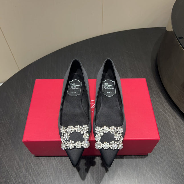 ROGER VIVIER 25S GRETE BALLET FLATS IN BLACK SILK WITH EMBELLISHED CRYSTALS
