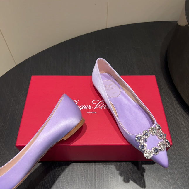 ROGER VIVIER 25S GRETE BALLET FLATS IN LAVENDER SILK WITH EMBELLISHED CRYSTALS